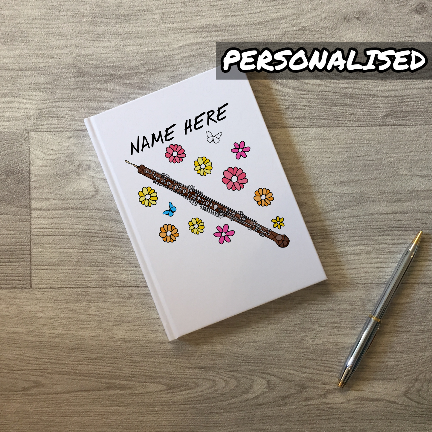 Oboe Personalised Journal (Floral) - Oboist Custom Notebook - Woodwind Musician Gift For Her