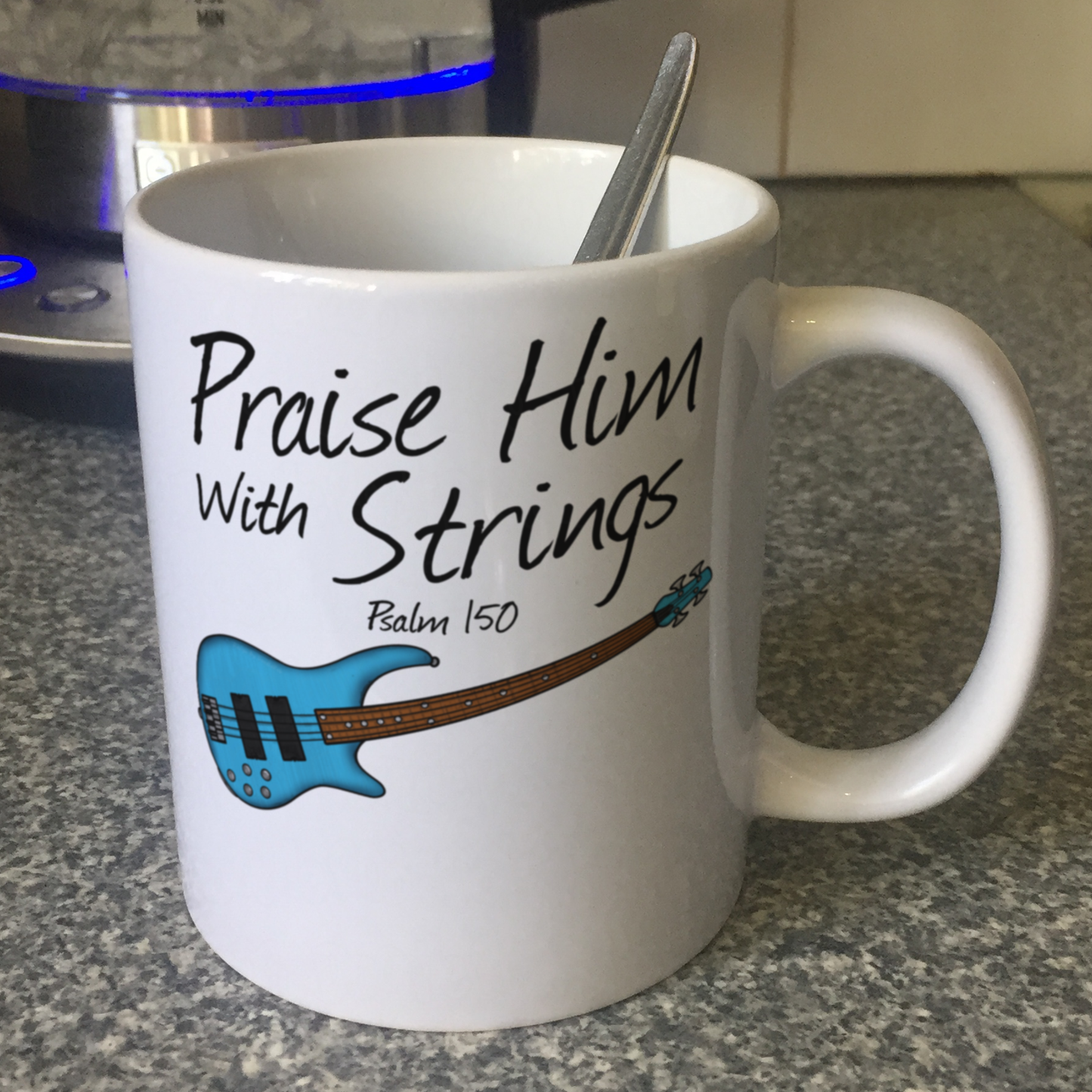 Church Bass Guitar Mug - Praise Him With Strings (Psalm 150) - Gift For Christian Bassist