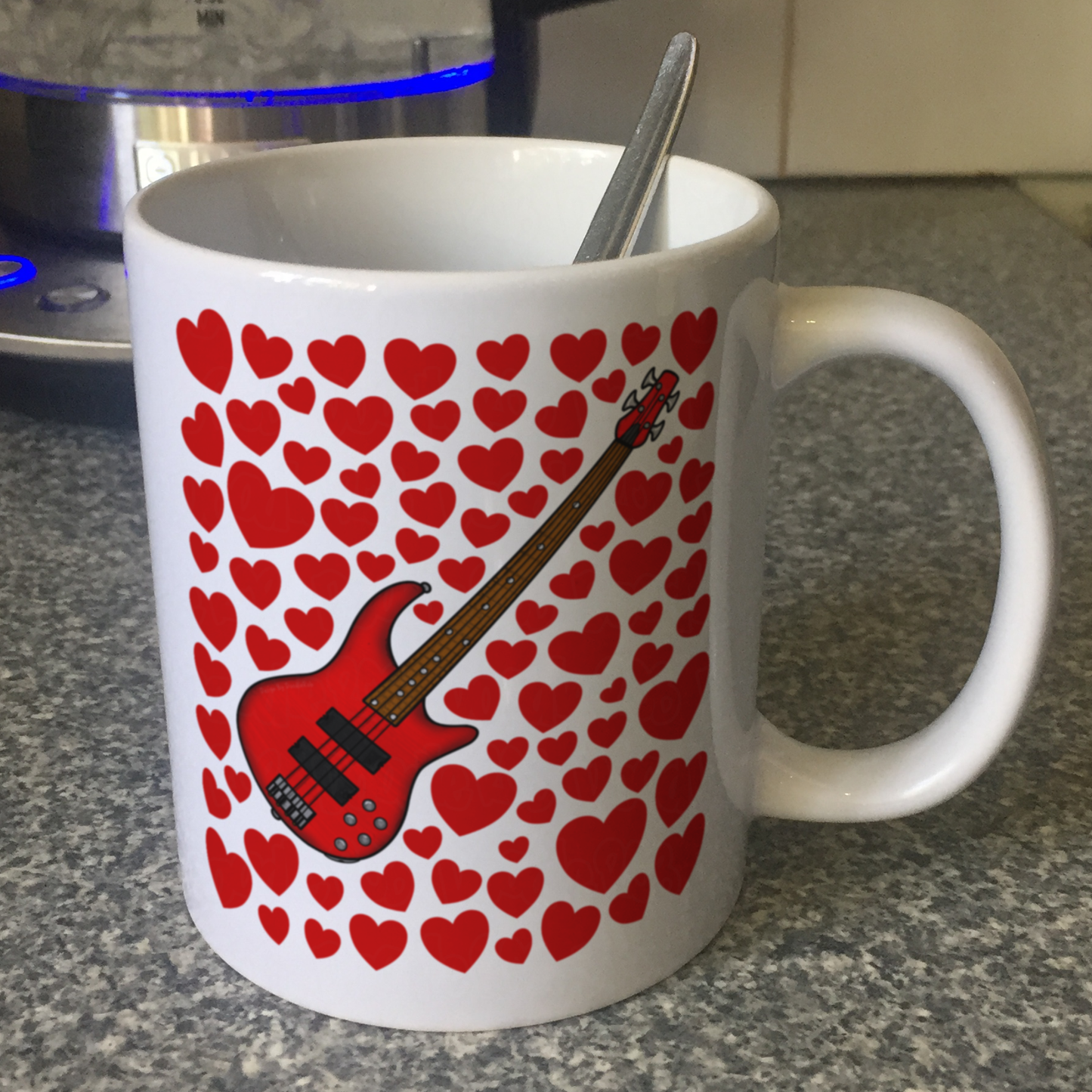 Bass Guitar With Hearts Mug - Bassist Gift - Musician Valentines Anniversary Gift