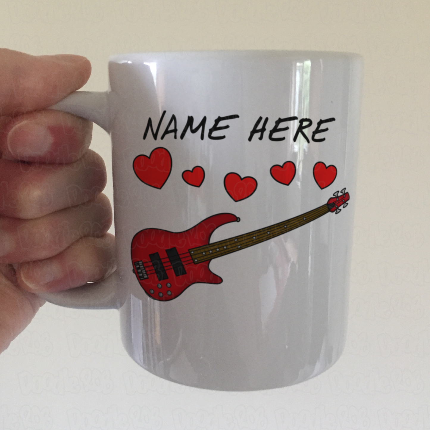 Personalised Bass Guitar Mug (Hearts) - Bassist Anniversary Gift - Wedding Musician Mug