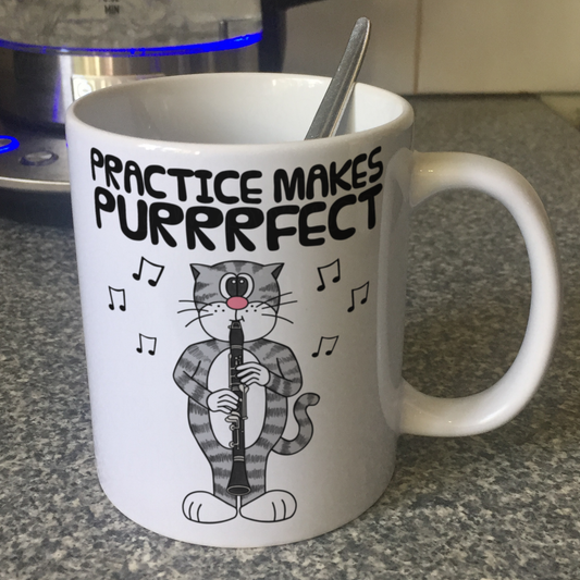 Cat Clarinet Mug - Practice Makes Purrrfect - Gift For Clarinetist - Woodwind Musician Gift