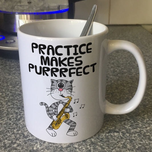 Cat Saxophone Mug - Practice Makes Purrrfect - Gift For Saxophonist - Jazz Musician Gift