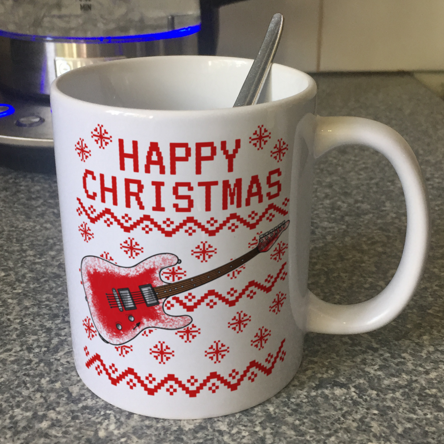 Electric Guitar Christmas Mug (Ugly Sweater Style) - Guitarist Xmas Gift - Guitar Teacher Mug