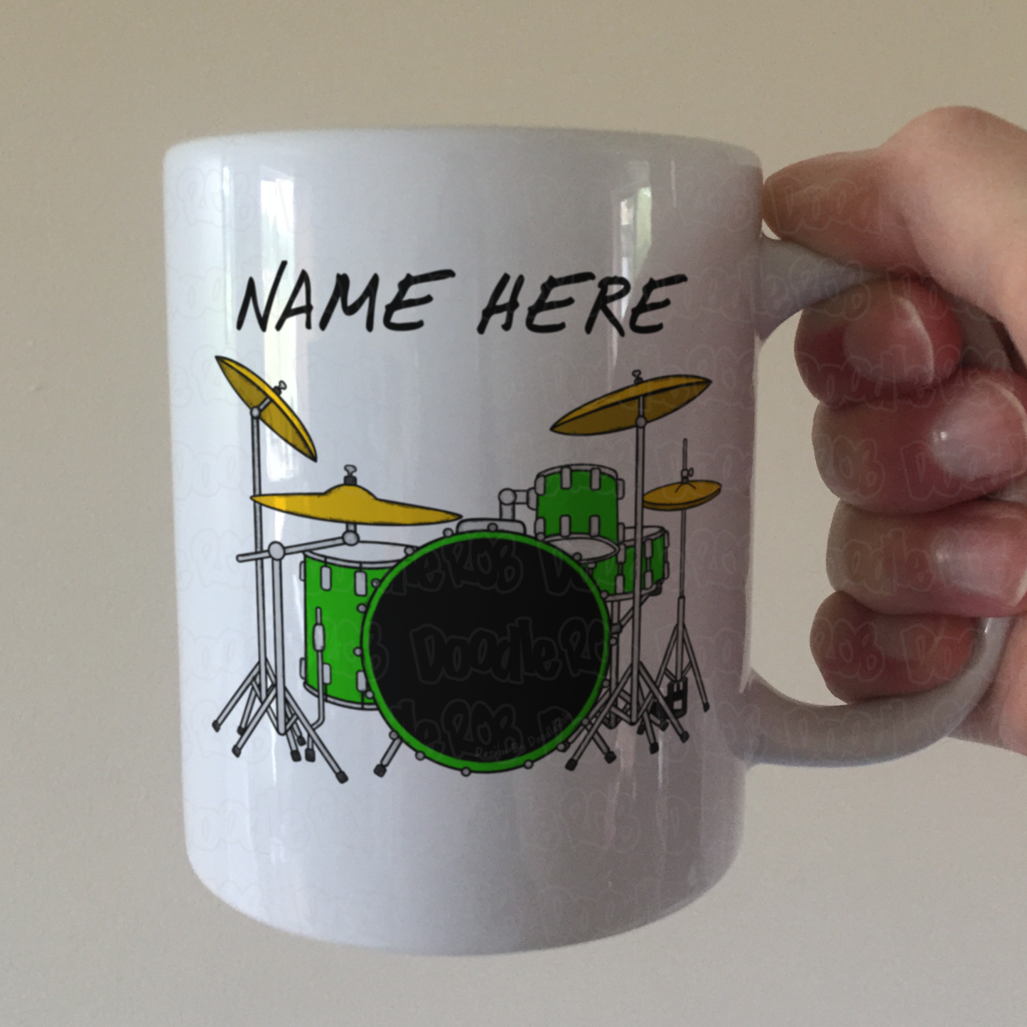 Personalised Drummer Mug (Green) - Green Drum Kit Mug - Custom Drum Teacher Gift