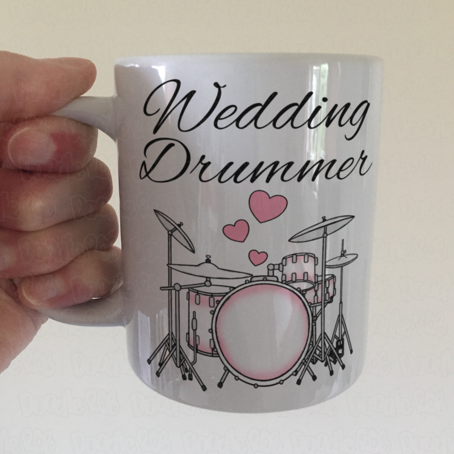 Wedding Drummer Mug - Drum Kit With Pink Hearts - Musician Gift