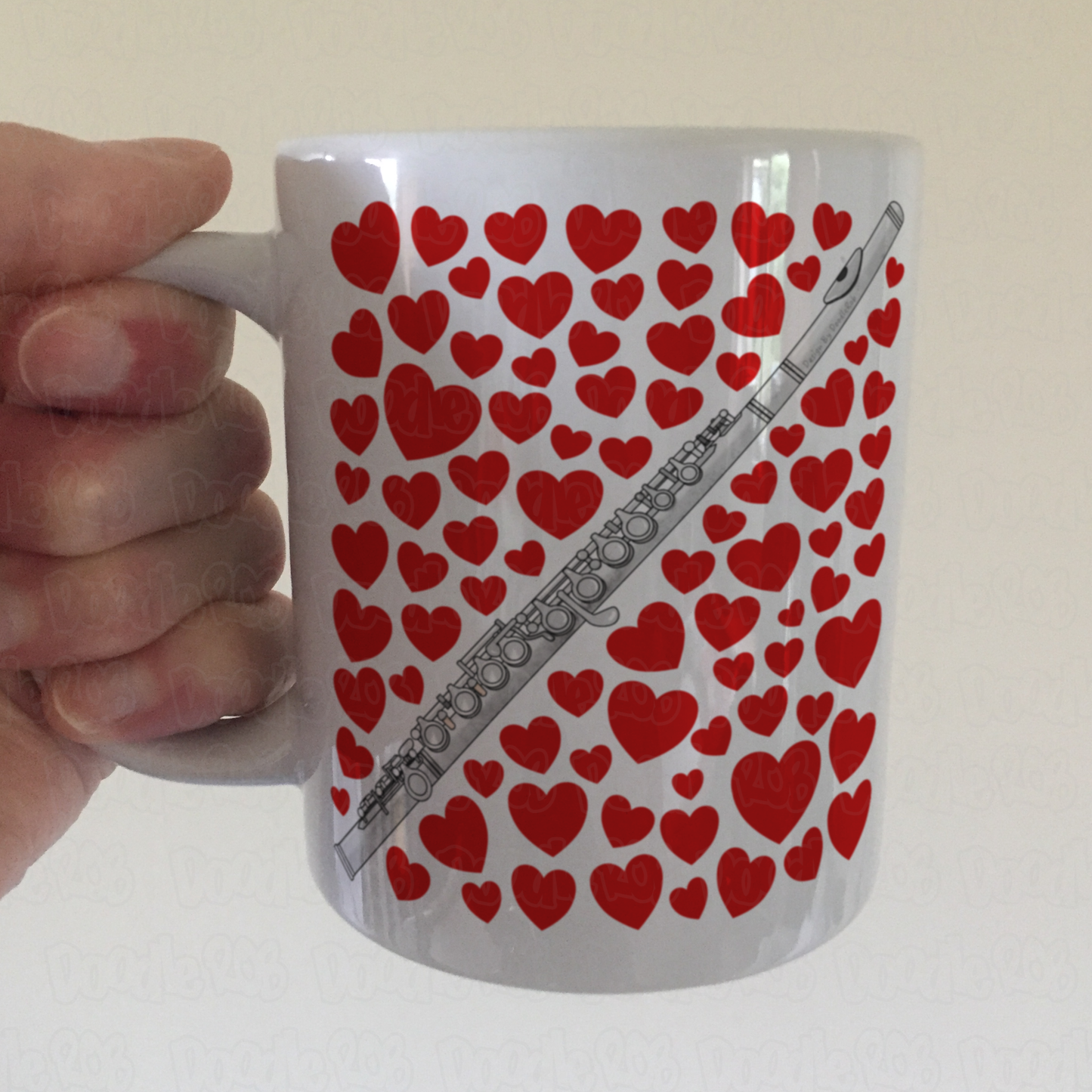 Flute With Hearts Mug - Gift For Flautist - Woodwind Musician Valentines Anniversary Gift