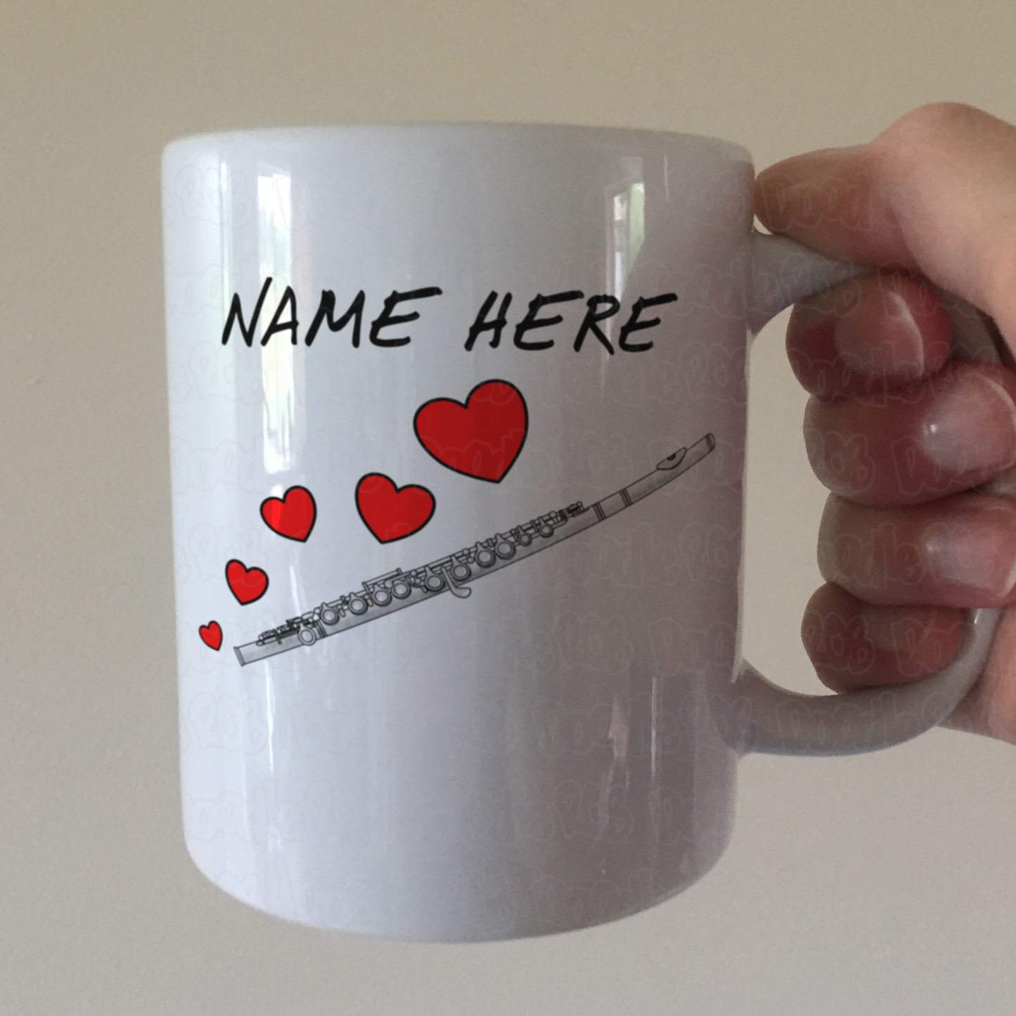 Personalised Flute Mug (Hearts) - Flautist Anniversary Gift - Wedding Musician Custom Mug