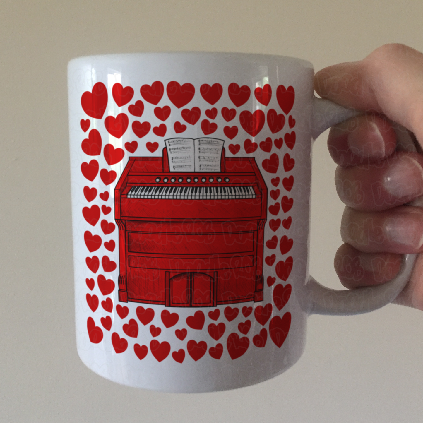 Harmonium With Hearts Mug - Gift For Organist - Church Organ Mug - Musician Valentines Anniversary Gift