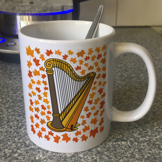 Autumn Harp Mug (Leaves) - Gift For Harpist - String Musician Gift For Fall or Thanksgiving