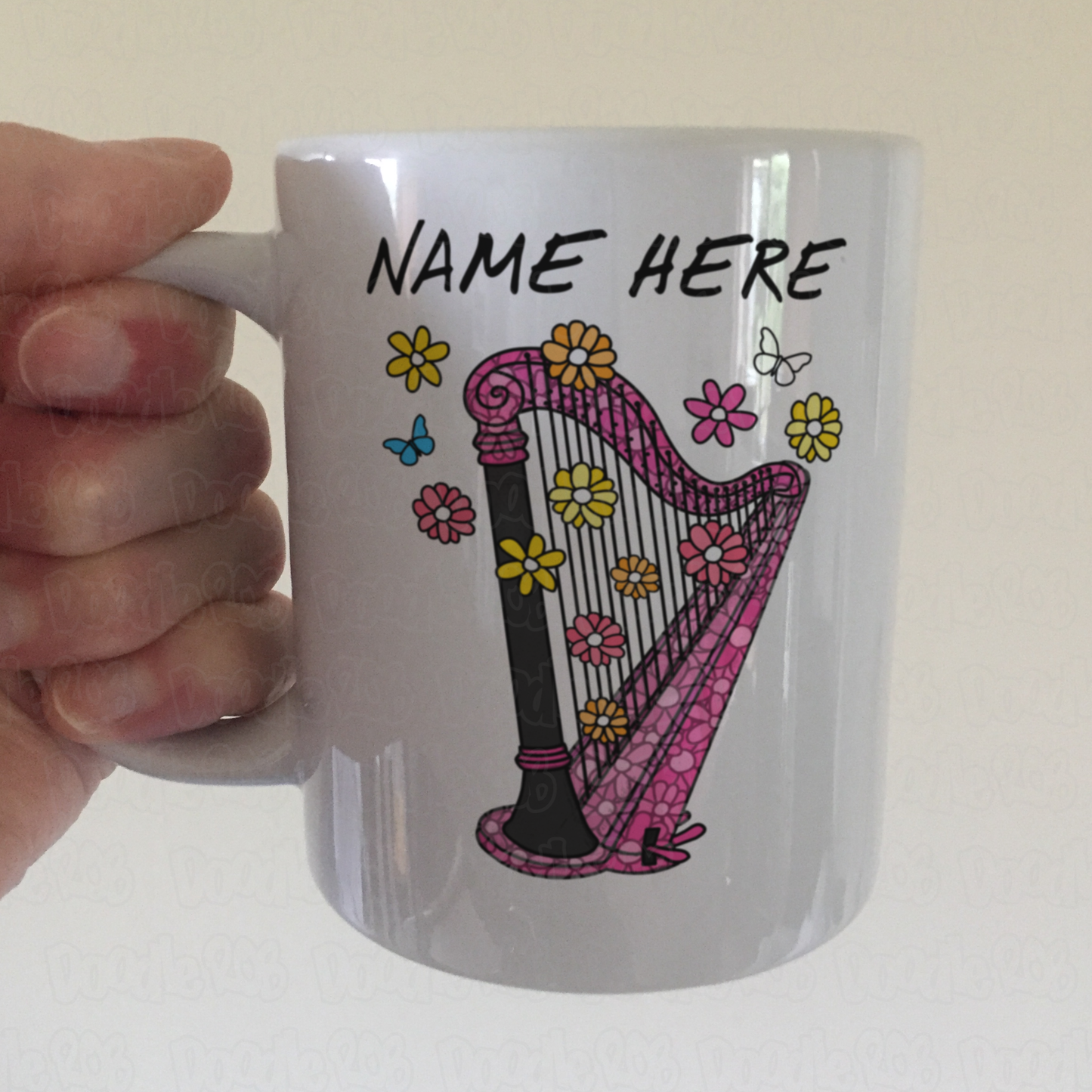 Floral Harp Personalised Mug - Harpist Custom Gift - Harp Teacher Gift