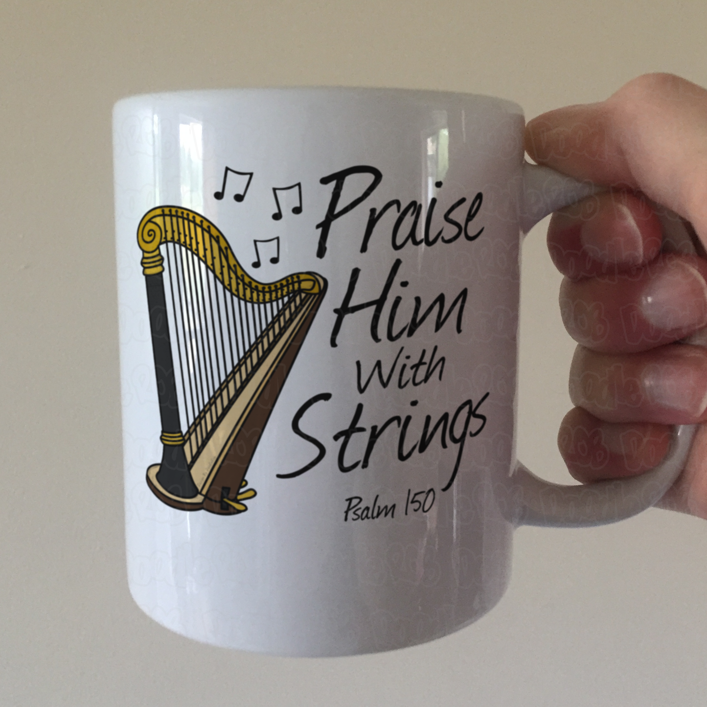 Christian Harp Mug - Praise Him With Strings (Psalm 150) - Church Harpist Gift
