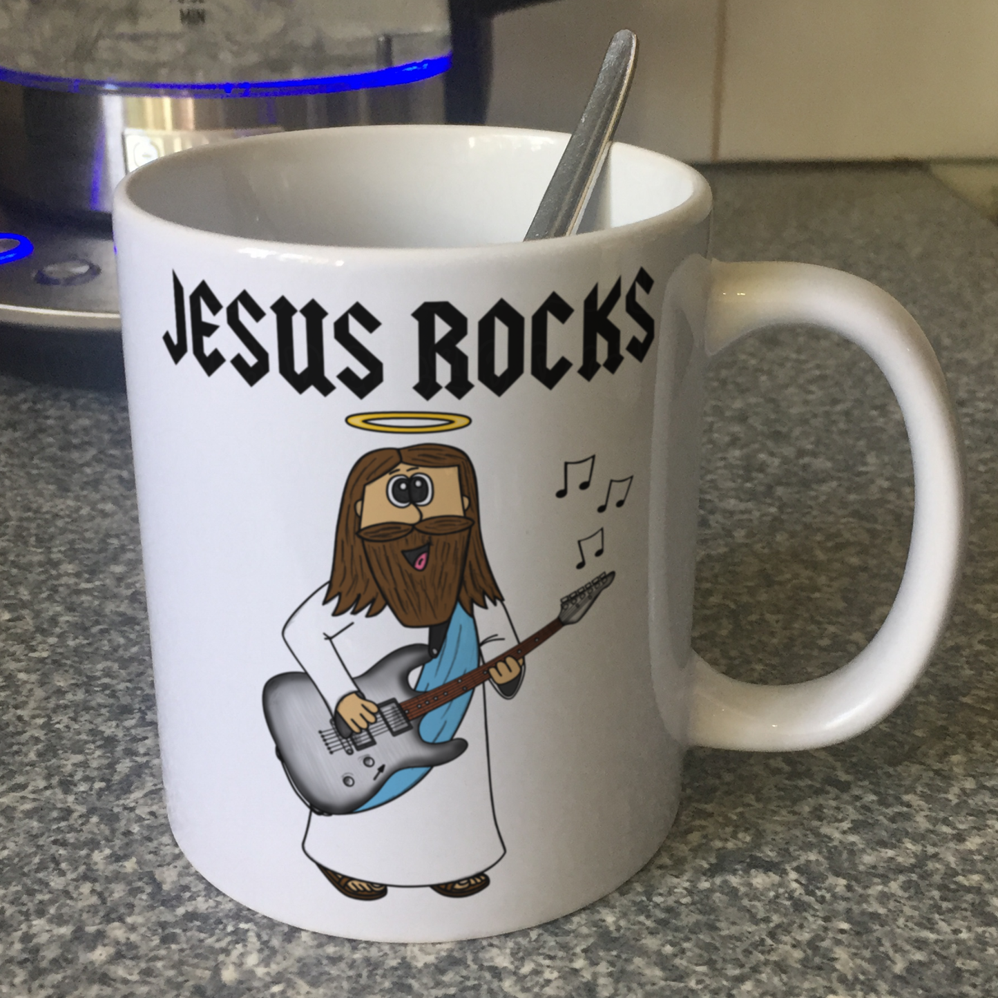 Christian Guitar Mug - Jesus Playing Electric Guitar - Jesus Rocks - Church Guitarist Gift