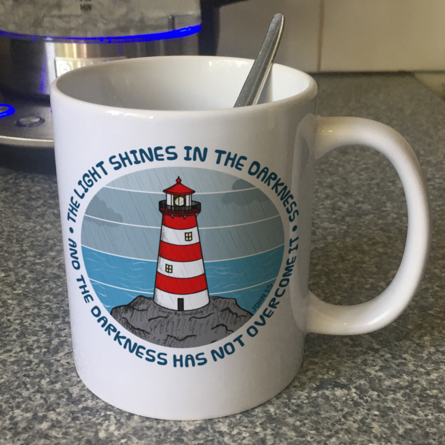 Christian Lighthouse Mug - The Light Shines In The Darkness - John 1:5 - Bible Verse Mug - Gift For Church Pastor