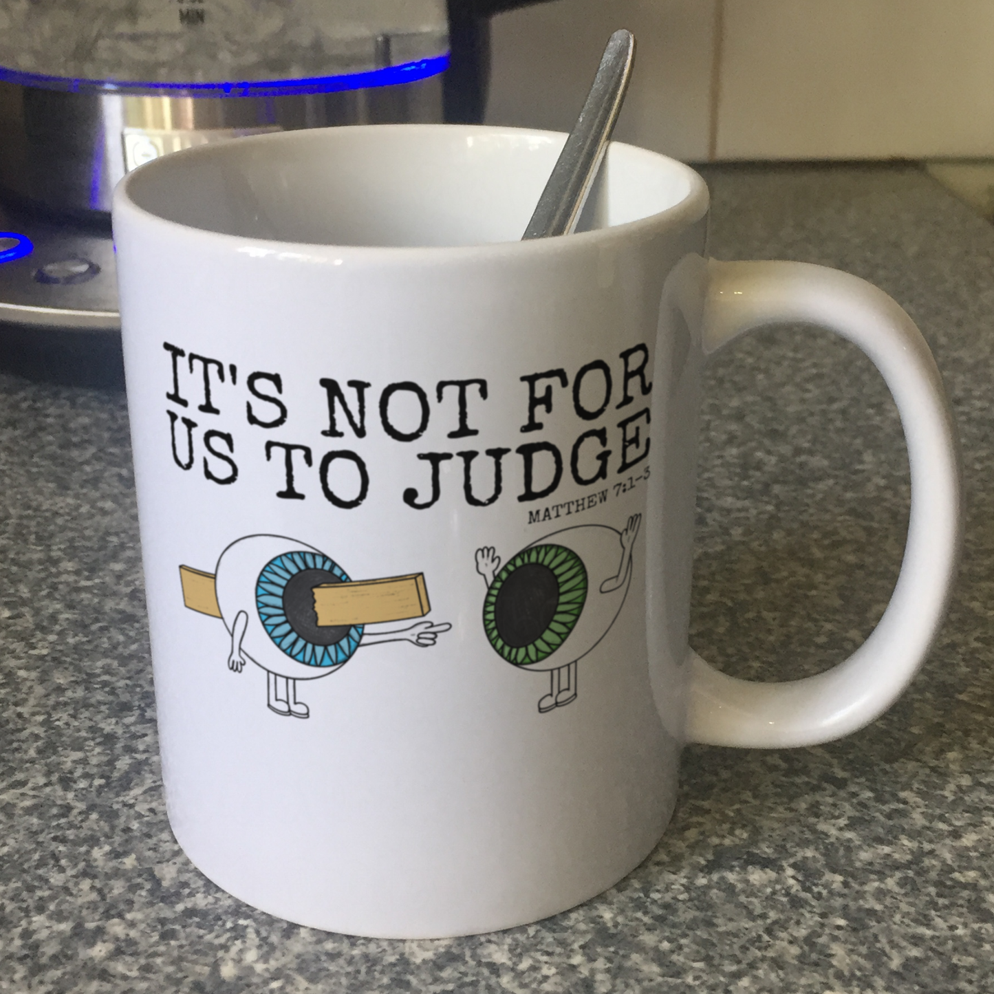 Funny Christian Mug - Plank In Eye - It's Not For Us To Judge - Matthew 7 - Church Humour