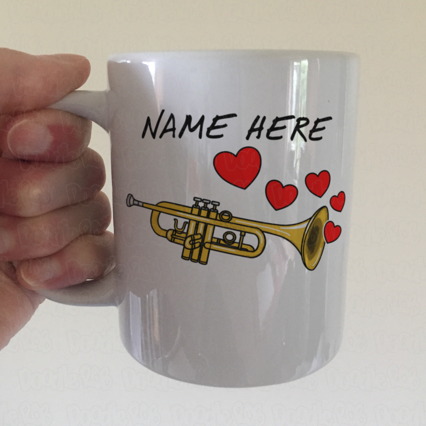 Personalised Trumpet Mug (Hearts) - Trumpeter Anniversary Gift - Brass Musician Custom Mug