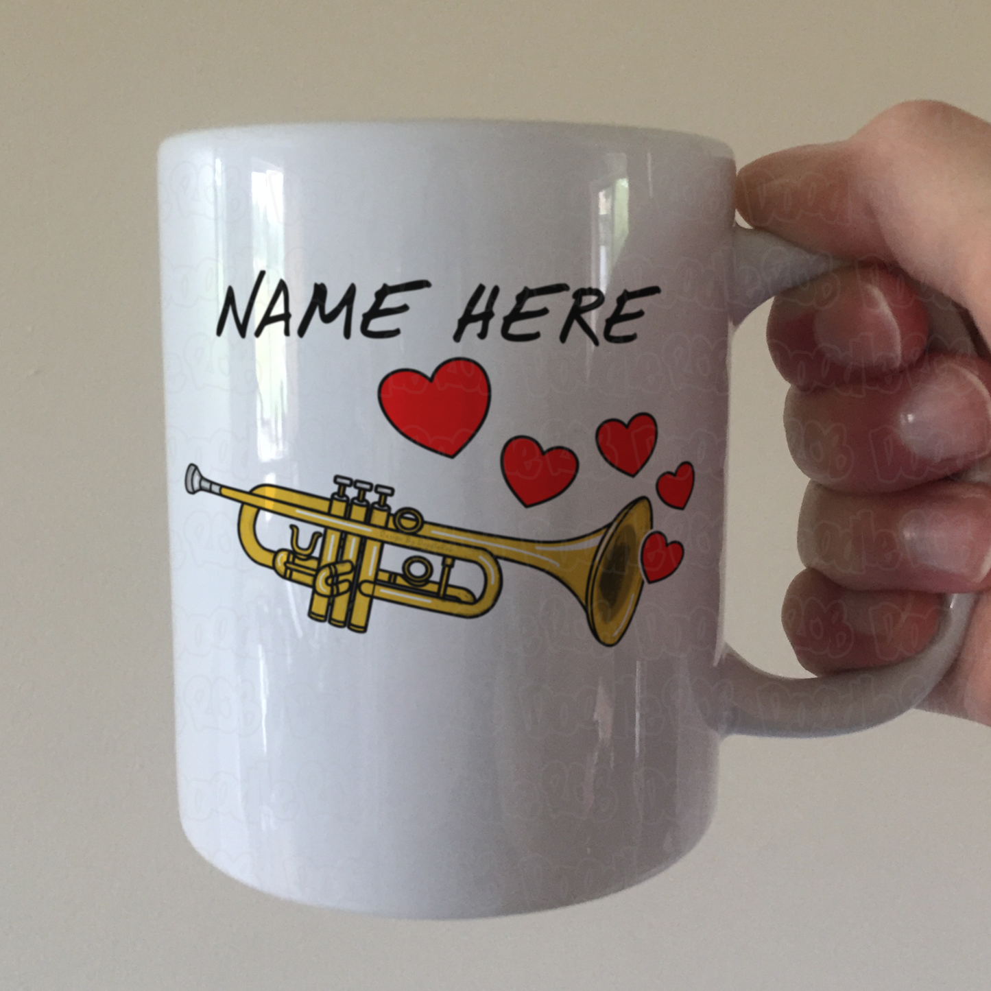 Personalised Trumpet Mug (Hearts) - Trumpeter Anniversary Gift - Brass Musician Custom Mug
