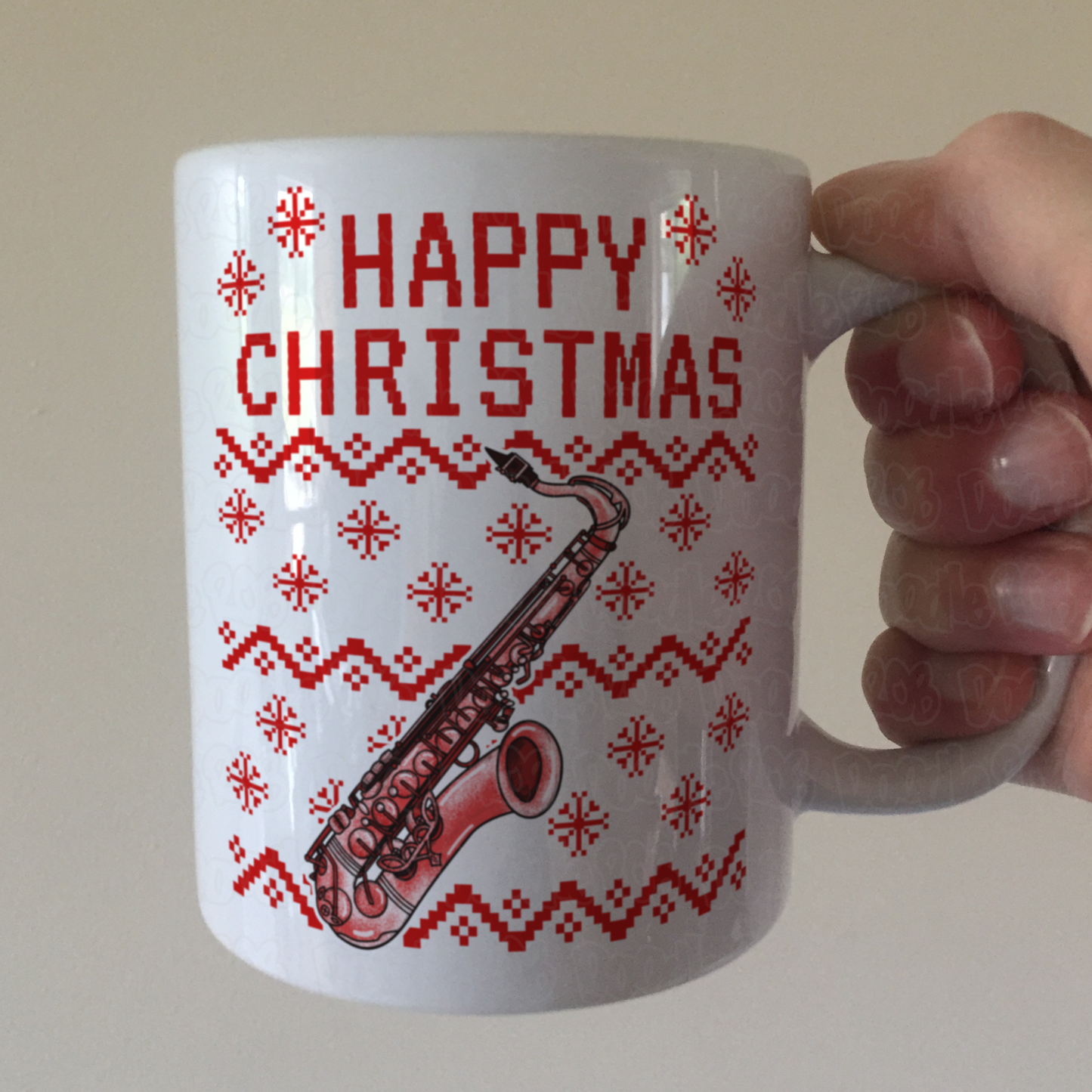 Saxophone Christmas Mug (Ugly Sweater Style) - Saxophonist Mug - Musician Xmas Gift