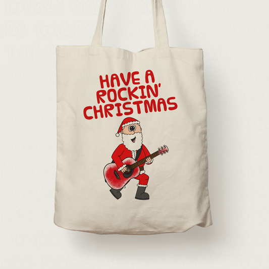Guitarist Christmas Tote Bag - Santa Playing Acoustic Guitar - Songwriter Xmas Gift