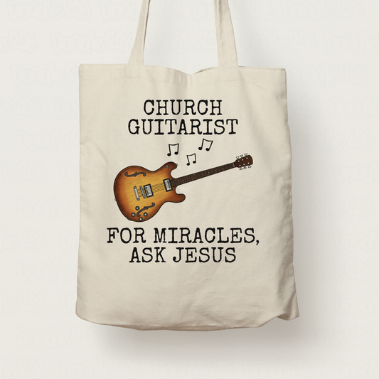 Funny Church Guitarist Tote Bag (Electric Guitar) - For Miracles, Ask Jesus - Christian Musician Gift
