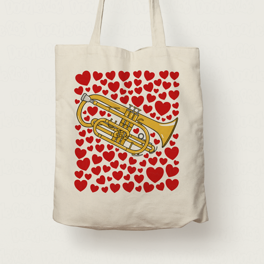Cornet With Hearts Tote Bag - Gift For Cornetist - Brass Musician Valentines Anniversary Gift