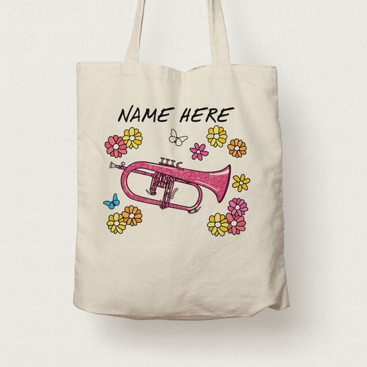 Floral Flugelhorn Tote Bag - Horn Player Custom Gift - Personalised Brass Musician Gift