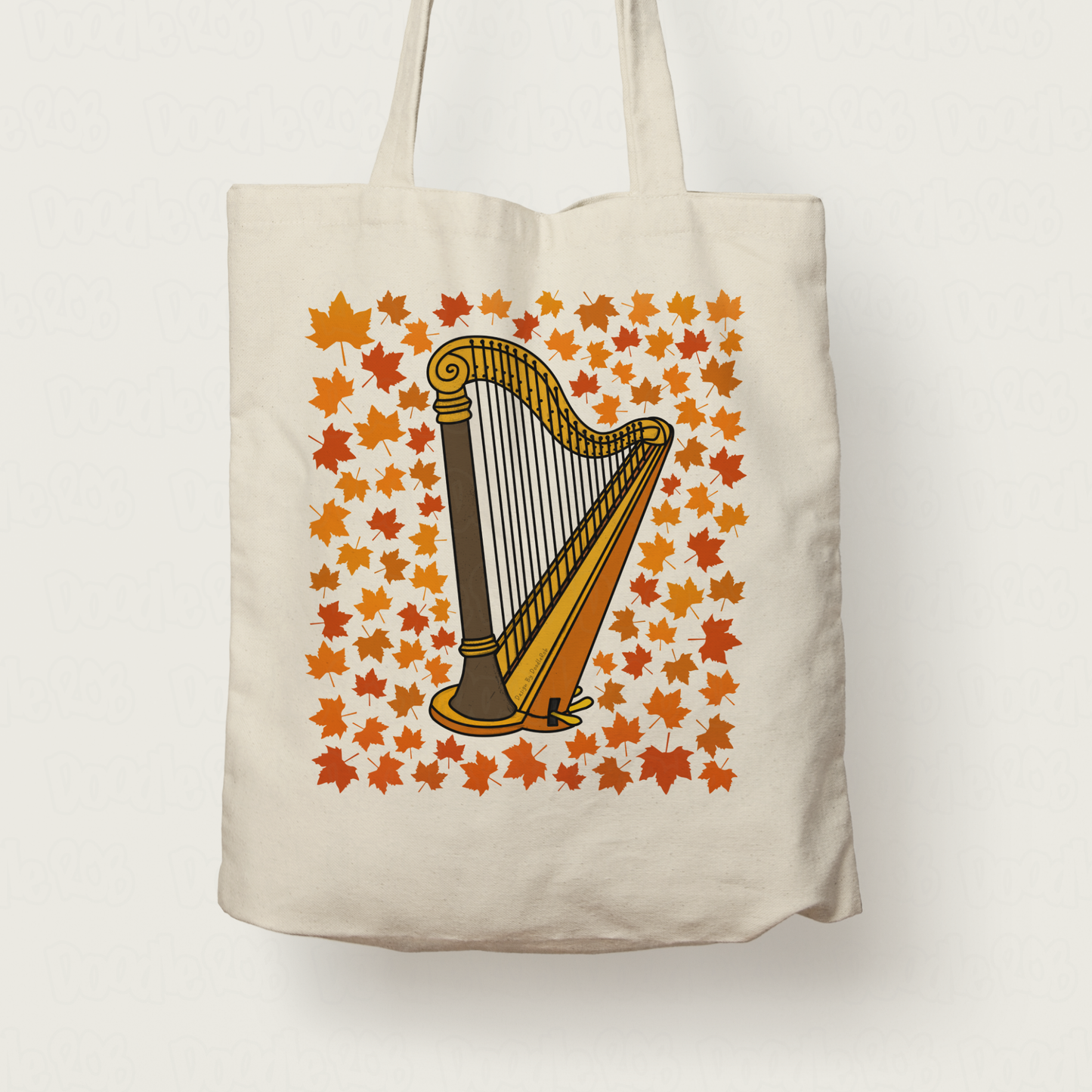 Autumn Harp Tote Bag (Leaves) - Gift For Harpist - String Musician Gift For Fall or Thanksgiving