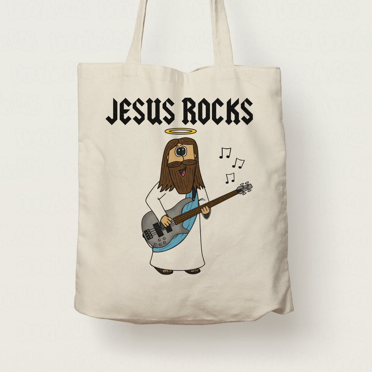Church Bassist Tote Bag - Jesus Rocks - Christian Bass Guitarist Gift
