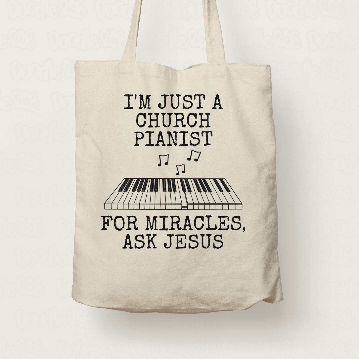 Funny Church Pianist Tote Bag - For Miracles, Ask Jesus - Christian Musician Gift