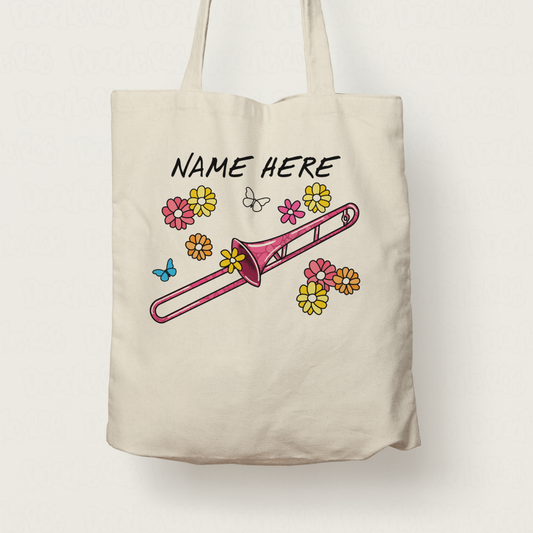Floral Trombone Tote Bag - Custom Gift For Trombonist - Personalised Brass Musician Gift