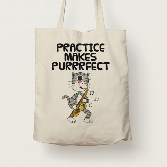 Cat Playing Saxophone Tote Bag -  Practice Makes Purrrfect - Gift For Saxophonist - Music Teacher Gift